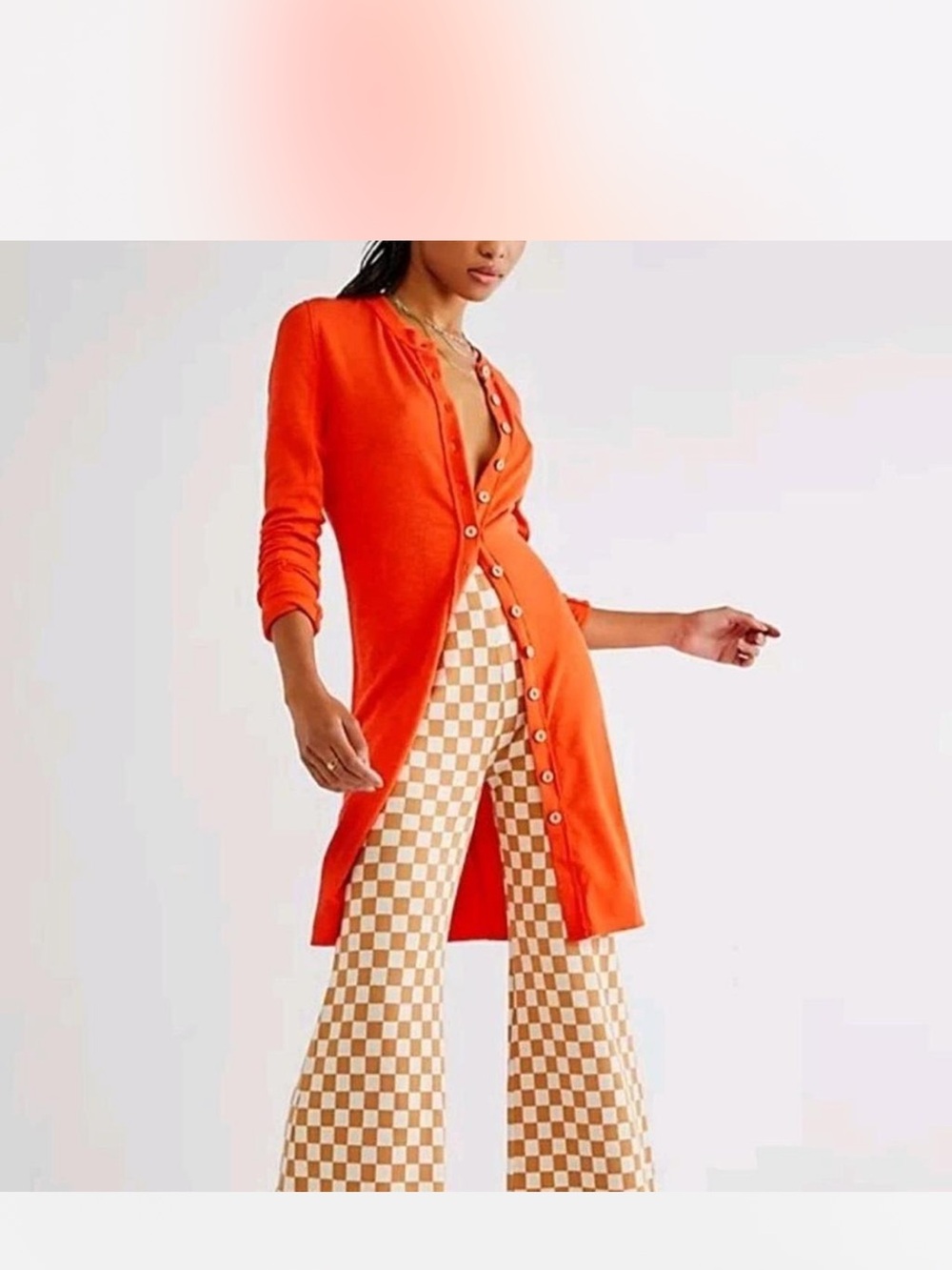 We the Free People Gia Cardi Dress XS Orange Longline Cardigan Button Front *